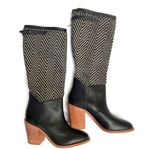Loeffler Randall Boots Black Leather Knit Tall Knee Riding Boots, Size 9 (10)